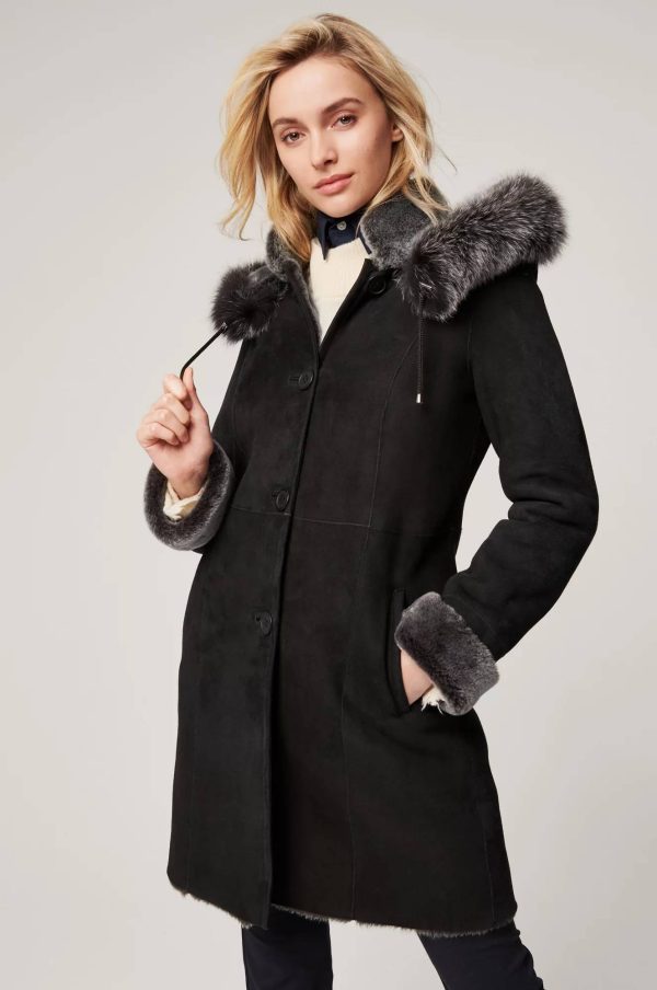 Juliette Spanish Merino Shearling Sheepskin Coat with Fur Trim and Detachable Hood 6