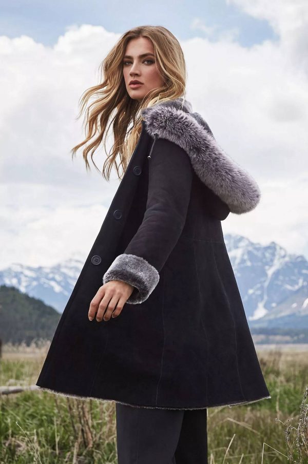 Juliette Spanish Merino Shearling Sheepskin Coat with Fur Trim and Detachable Hood