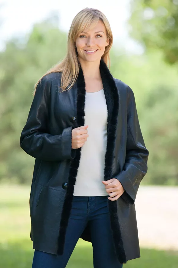 Womens Cyann Reversible Leather Jacket with Mink Fur Trim