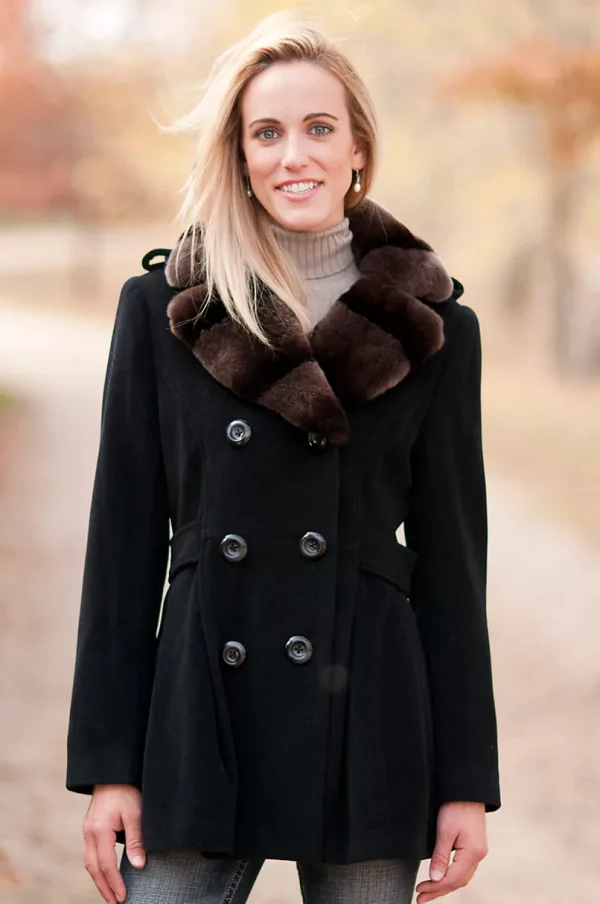 Womens Lauryn Wool Pea Coat with Rabbit Fur Trim