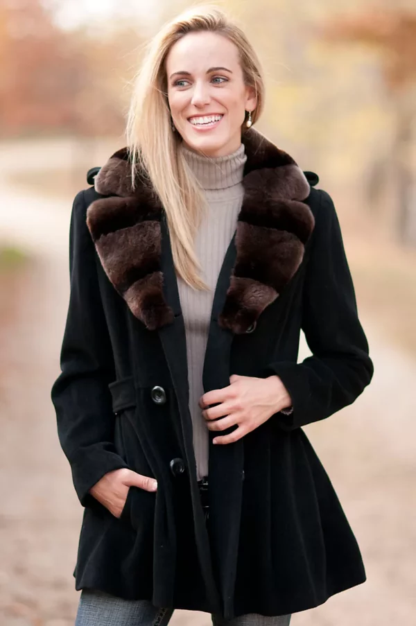 Womens Lauryn Wool Pea Coat with Rabbit Fur Trim USA