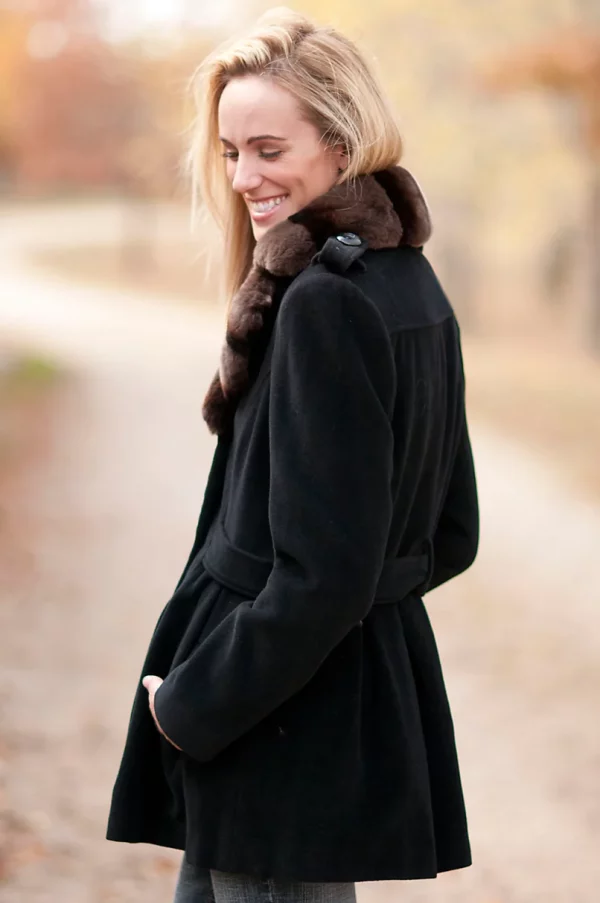 Womens Lauryn Wool Pea Coat with Rabbit Fur Trim United States