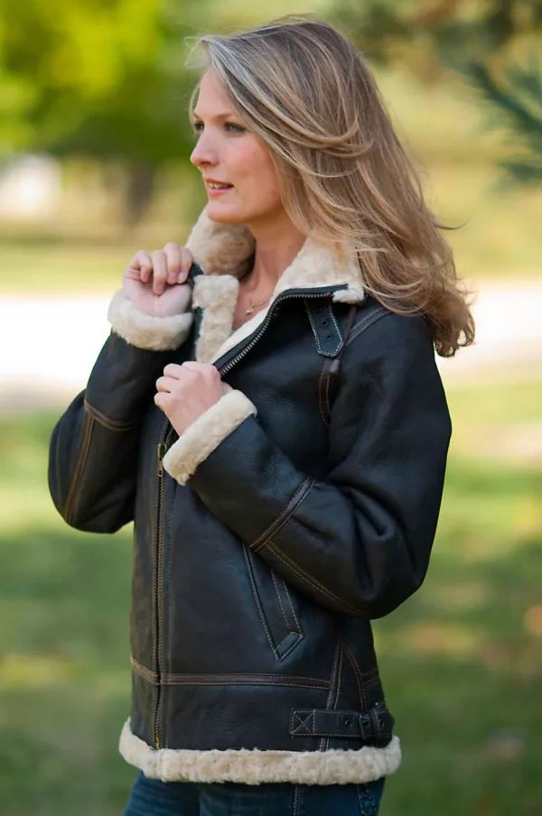 Womens Vintage Sheepskin Bomber Jacket with Hood