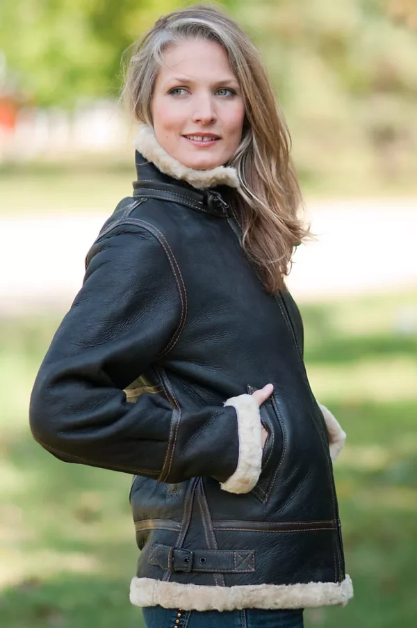 Womens Vintage Sheepskin Bomber Jacket with Hood US