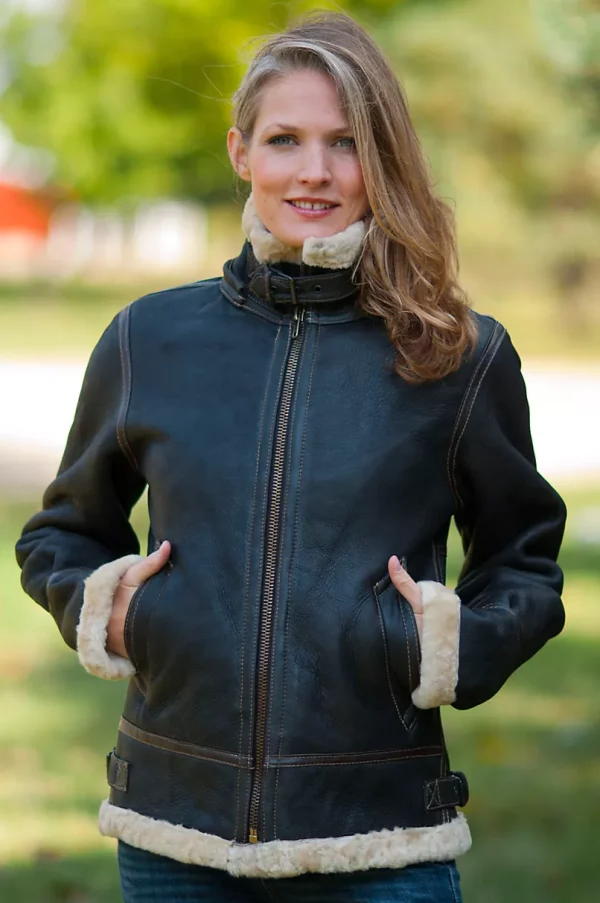 Womens Vintage Sheepskin Bomber Jacket with Hood USA