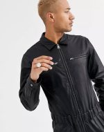 Black Leather Overall with Zipper Detailing