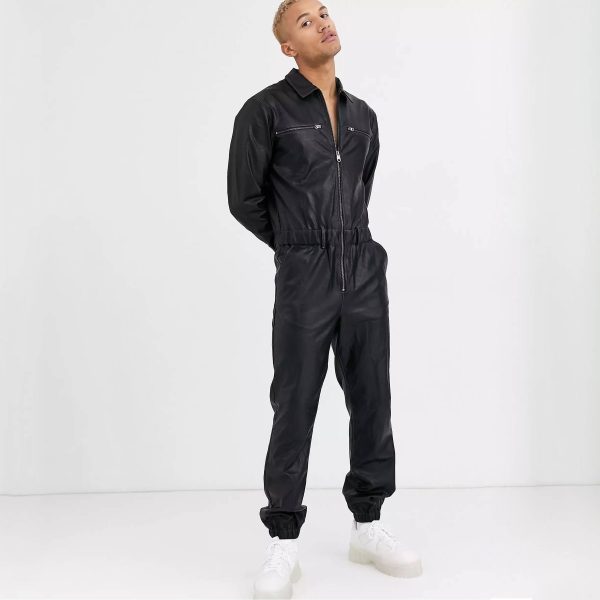 Black Leather Overall with Zipper Detailing