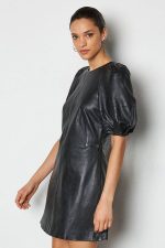 Black Leather Puff Sleeve Dress