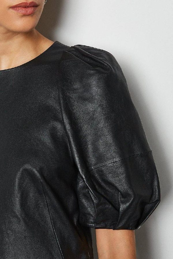 Black Leather Puff Sleeve Dress
