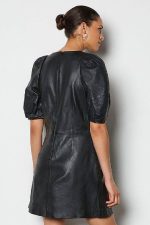 Black Leather Puff Sleeve Dress