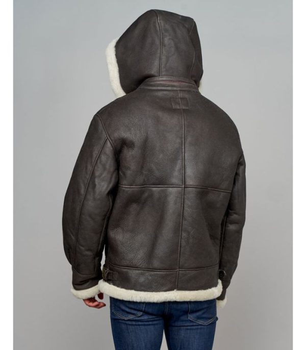 dark brown shearling bomber jacket with hood 1