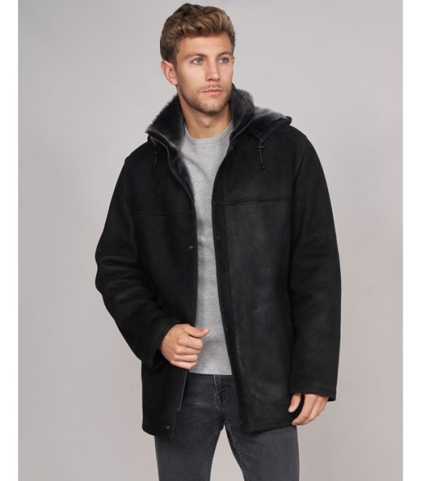suede shearling sheepskin hooded jacket in black 1
