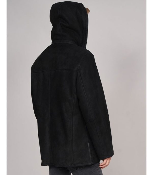 suede shearling sheepskin hooded jacket in black 2