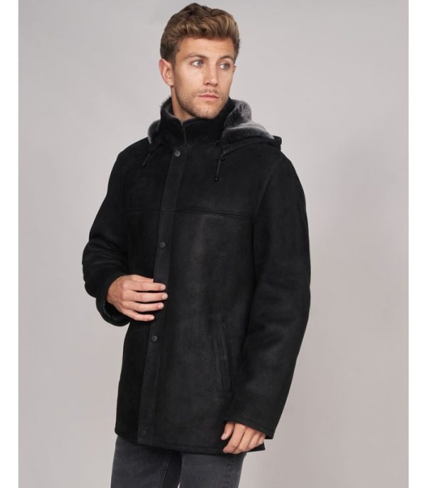 suede shearling sheepskin hooded jacket in black 3