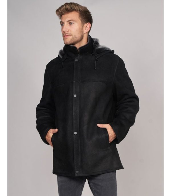 suede shearling sheepskin hooded jacket in black 4