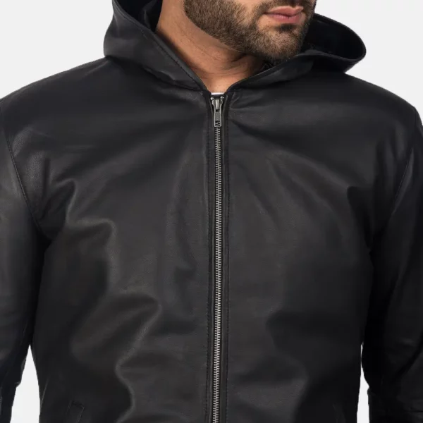 Andy Matte Black Hooded Leather Jacket USA