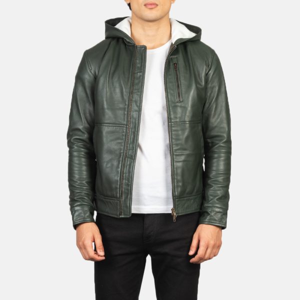 Baston Green Hooded Leather Bomber Jacket USA