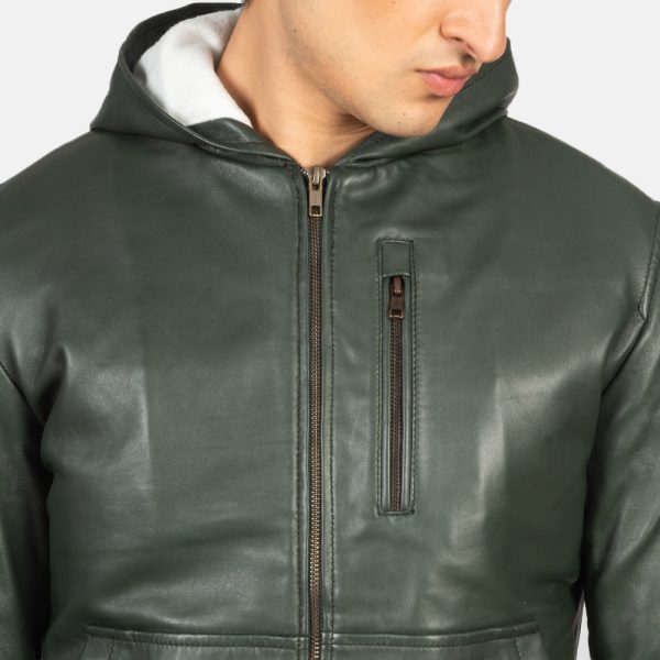 Baston Green Hooded Leather Bomber Jacket USA