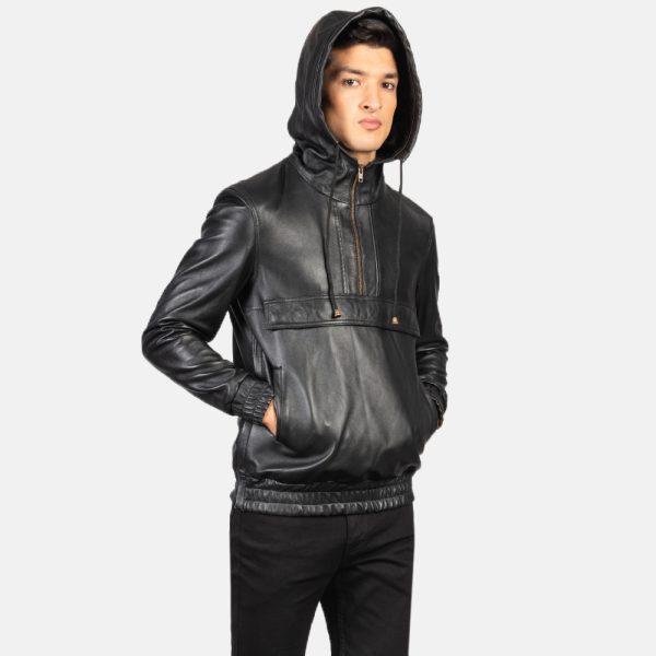 Kenton Hooded Black Leather Pullover Jacket US