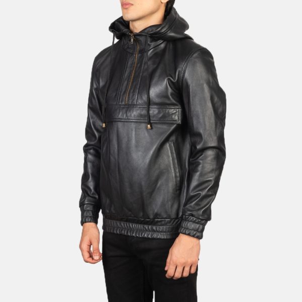 Kenton Hooded Black Leather Pullover Jacket USA
