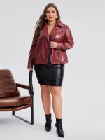 Bold Woman wear Plus Size Red Leather Jacket
