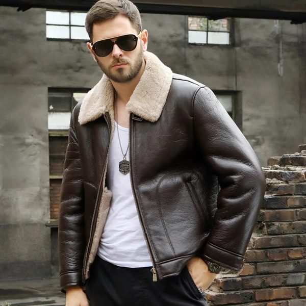 Brown Leather Bomber Jacket with Fur Collar