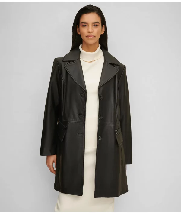 Button Front Plus Size Leather Trench Coat