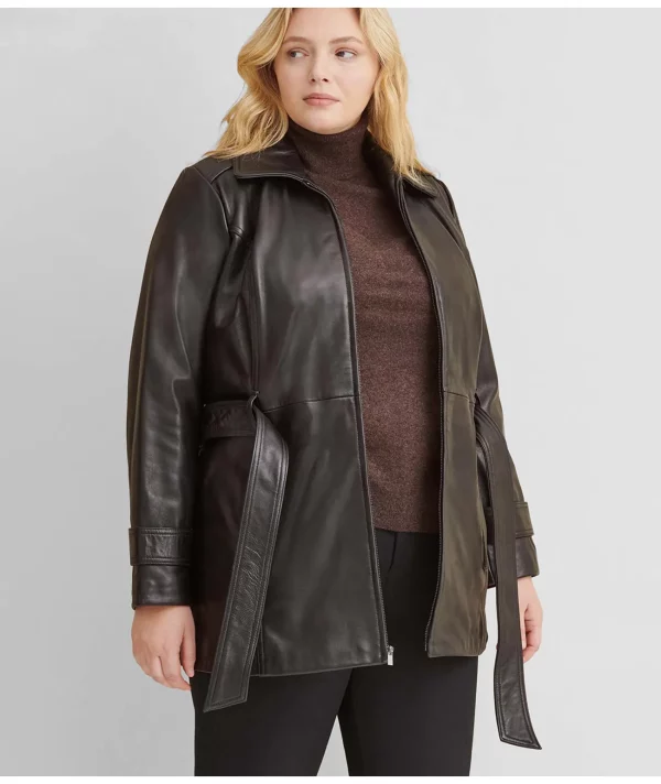 Plus Size Leather Belted Jacket With Zip Out Liner
