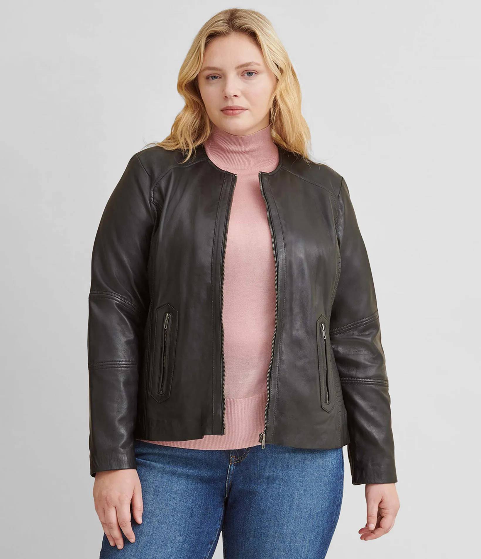 Plus Size Leather Jacket With Side Stitching | Free Shipping