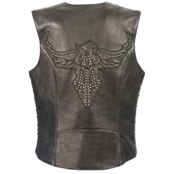 WOMENS LEATHER PHOENIX STUD EMBROIDERED SNAP FRONT VEST 2