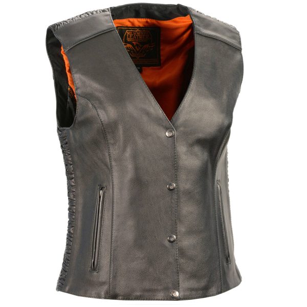 WOMENS LEATHER PHOENIX STUD EMBROIDERED SNAP FRONT VEST