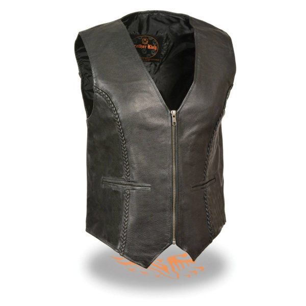 WOMENS ZIPPER FRONT BRAIDED LEATHER VEST
