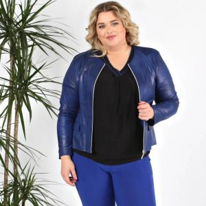 Women Plus Size Blue Leather Jacket