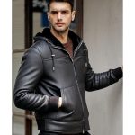Black Leather Hooded Jacket US