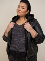 Plus Size Hooded Leather Jacket