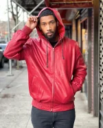 Red Hooded Leather Jacket US