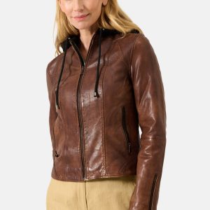 Womens Brown Leather Jacket With Hood