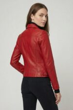 Back view of women’s dark red structured leather jacket
