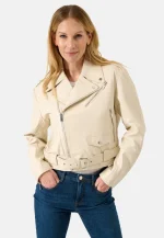 Beige Leather Biker Jacket