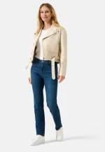 Beige Leather Biker Jacket US