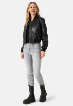 Black Leather Ladies Bomber Jacket US