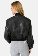 Black Leather Ladies Bomber Jacket USA