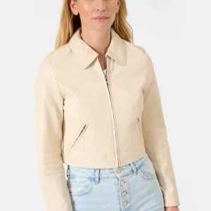 Cream Cropped Leather Jacket