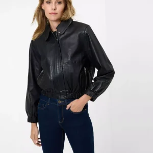Cropped Leather Bomber Jacket