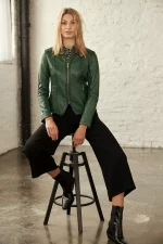 Dark Green Leather Biker Jacket
