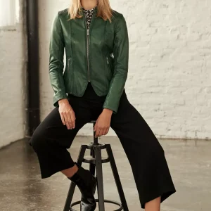 Dark Green Leather Biker Jacket