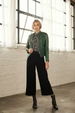 Dark Green Leather Biker Jacket US