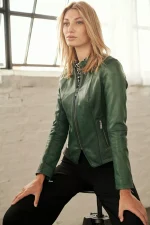 Dark Green Leather Biker Jacket USA