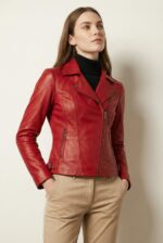 Model wearing Valencia women’s dark red leather jacket - Comfortable Pose