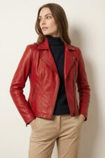 Model wearing Valencia women’s dark red leather jacket with black outfit